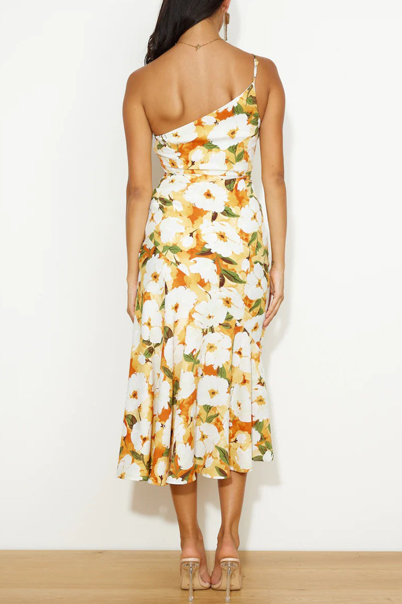 Elegante vestido de sirena con cuello oblicuo, sin espalda y estampado floral (6 colores)
