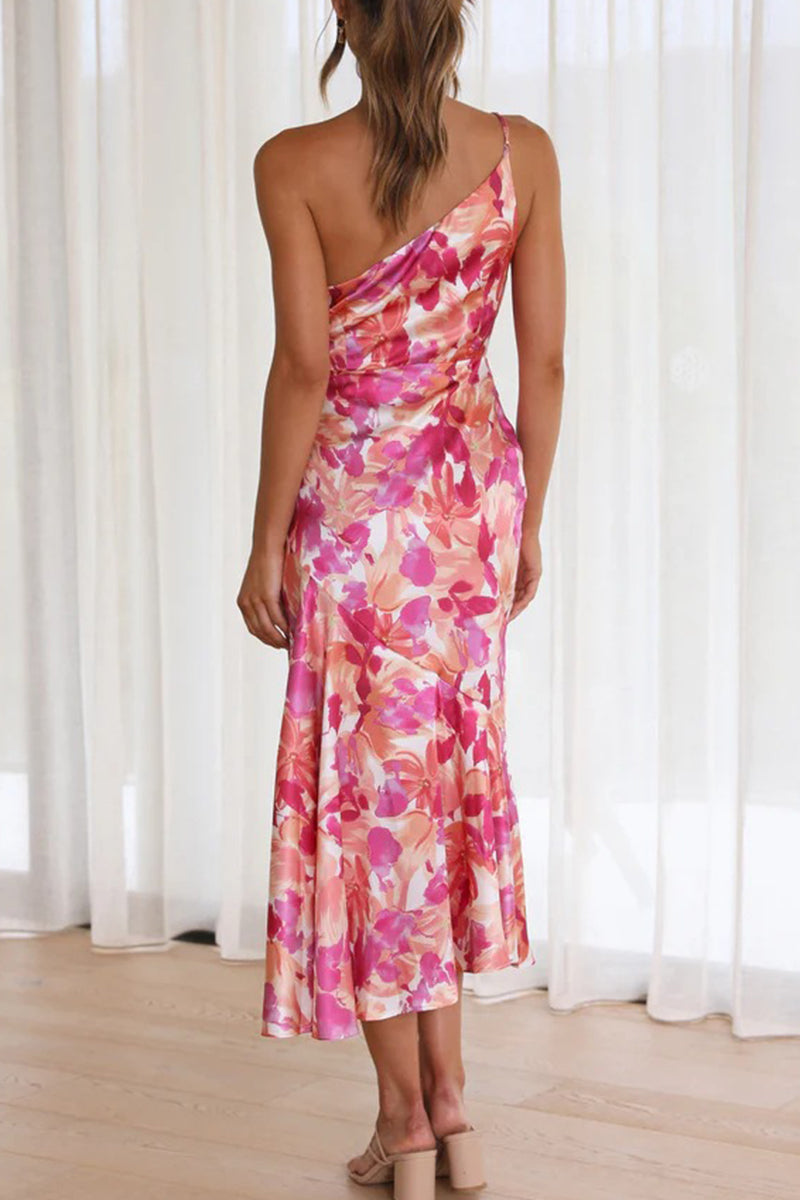 Elegante vestido de sirena con cuello oblicuo, sin espalda y estampado floral (6 colores)