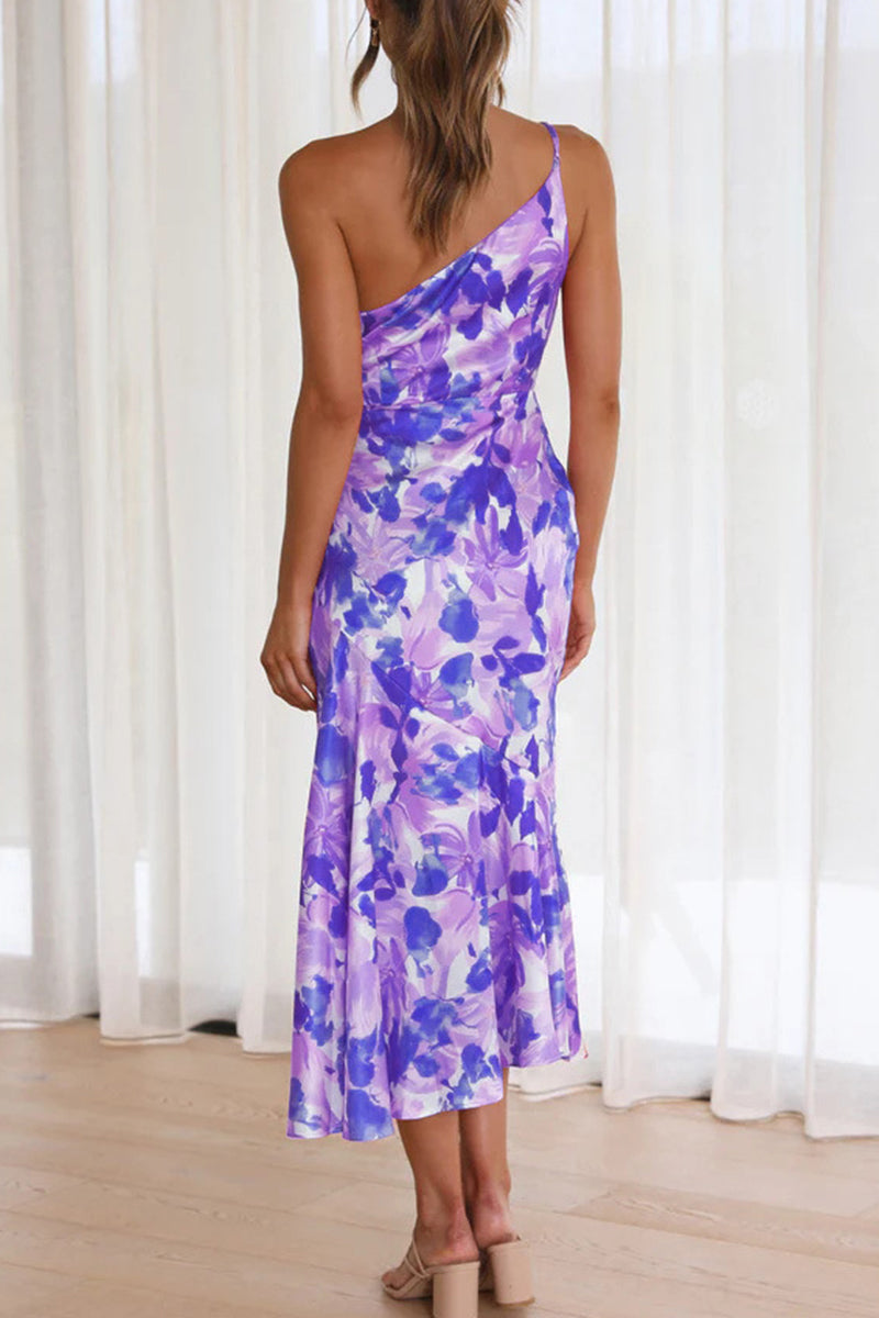 Elegante vestido de sirena con cuello oblicuo, sin espalda y estampado floral (6 colores)