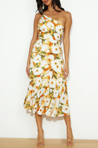Elegante vestido de sirena con cuello oblicuo, sin espalda y estampado floral (6 colores)
