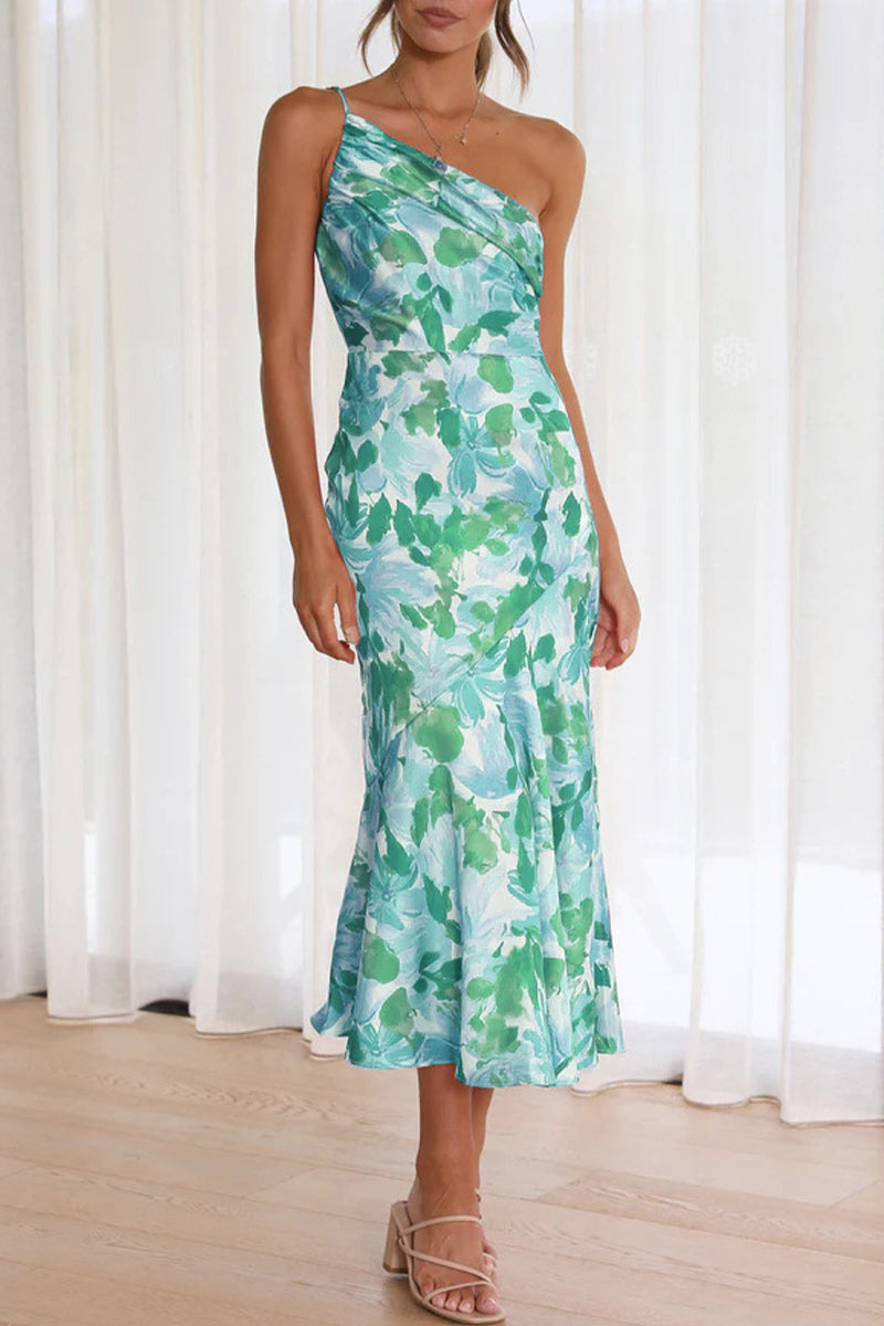 Elegante vestido de sirena con cuello oblicuo, sin espalda y estampado floral (6 colores)