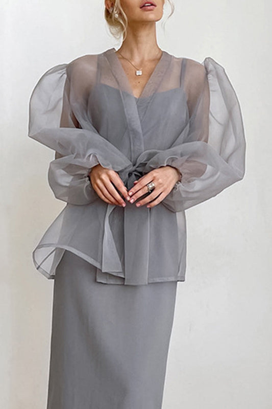 Elegantes blusas de escote en V transparente con frenillo liso