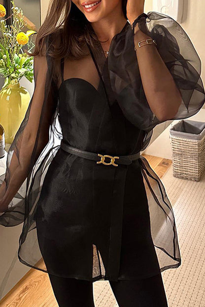 Elegantes blusas de escote en V transparente con frenillo liso