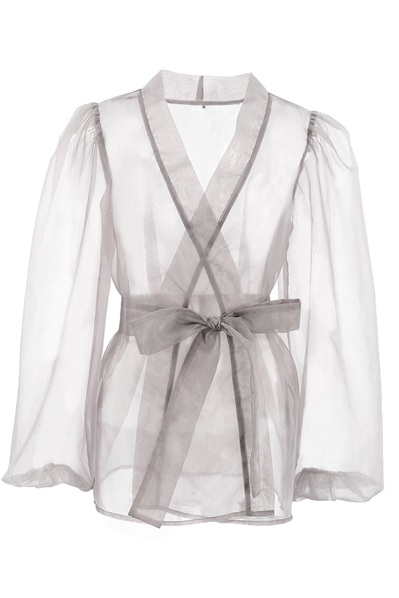 Elegantes blusas de escote en V transparente con frenillo liso