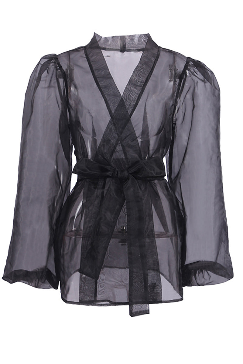 Elegantes blusas de escote en V transparente con frenillo liso
