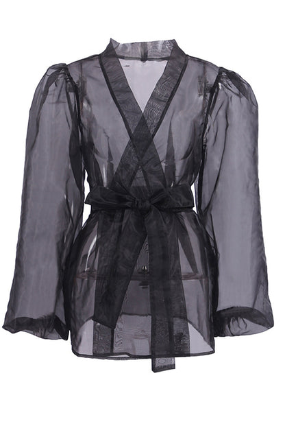 Elegantes blusas de escote en V transparente con frenillo liso