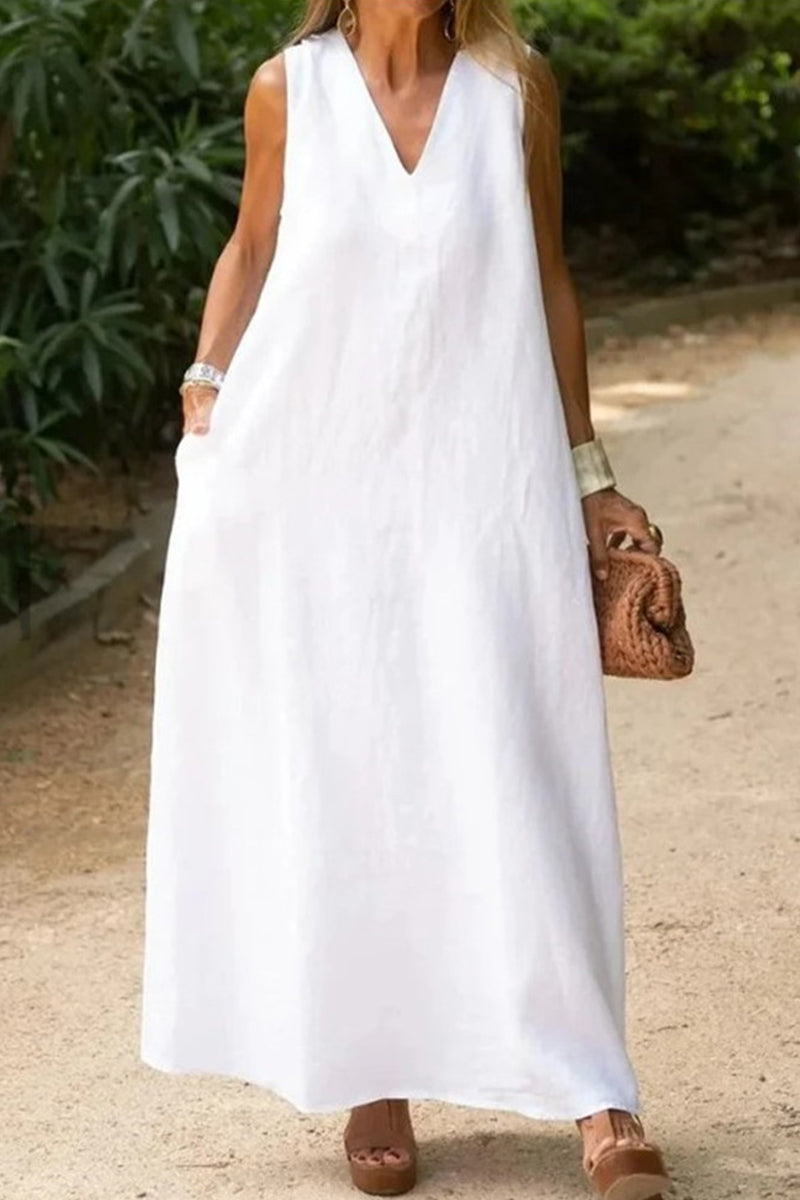 Vestido informal sencillo con cuello en V y bolsillos lisos