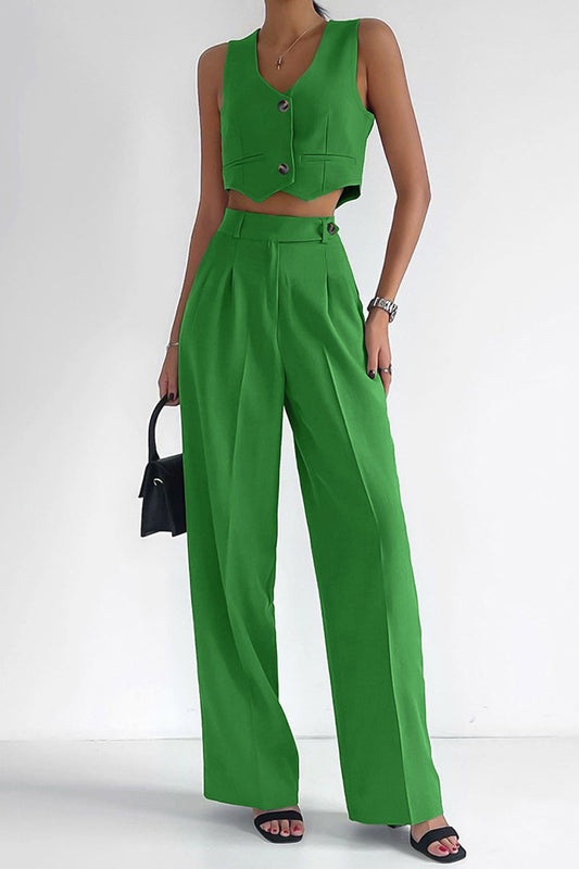 Conjunto informal de dos piezas con cuello en V, sin mangas y botones sólidos