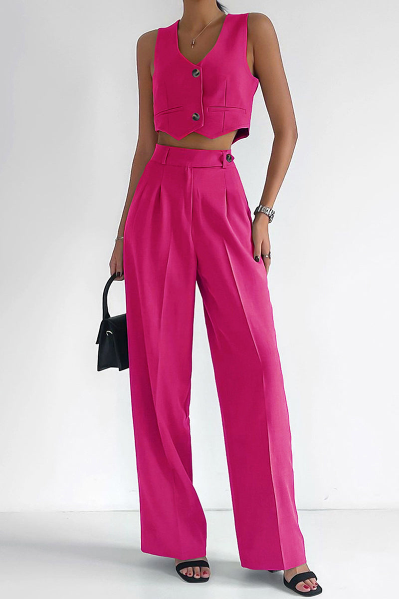 Conjunto informal de dos piezas con cuello en V, sin mangas y botones sólidos