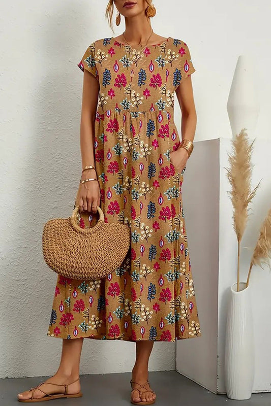 Vestido informal con estampado floral, cuello redondo y bolsillos (8 colores)