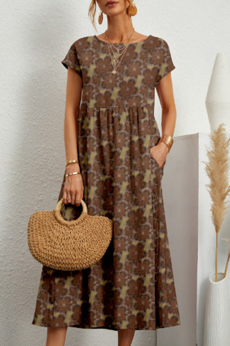 Vestido informal con estampado floral, cuello redondo y bolsillos (9 colores)