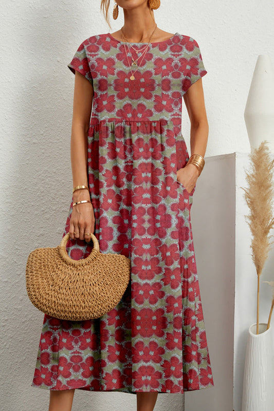 Vestido informal con estampado floral, cuello redondo y bolsillos (9 colores)
