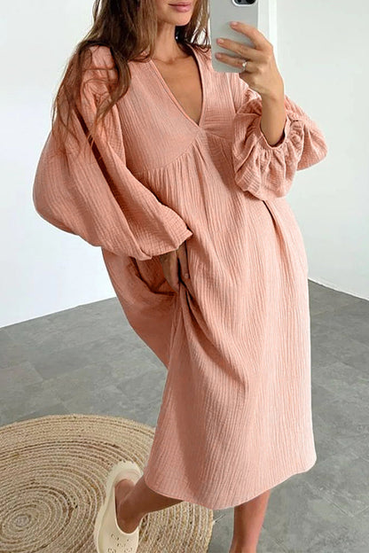 Vestidos casuales de manga larga con cuello en V y bolsillos lisos (7 colores)