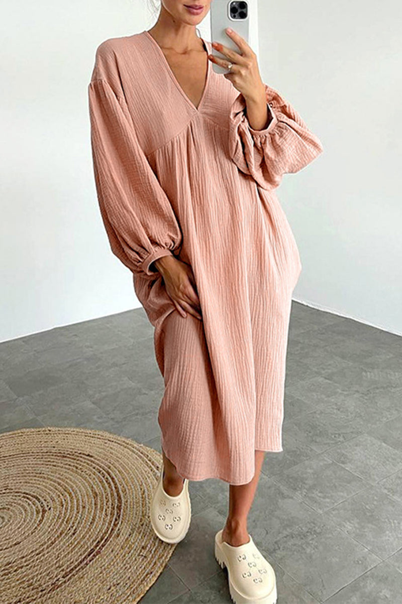 Vestidos casuales de manga larga con cuello en V y bolsillos lisos (7 colores)
