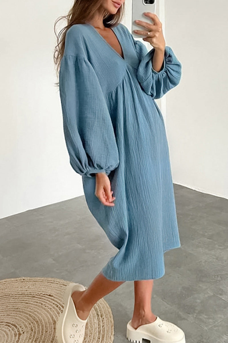 Vestidos casuales de manga larga con cuello en V y bolsillos lisos (7 colores)