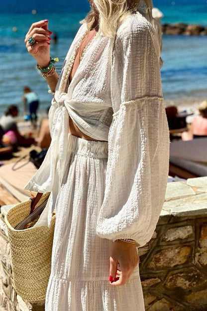 Elegante conjunto de dos piezas de manga larga con escote en V y nudo liso para vacaciones