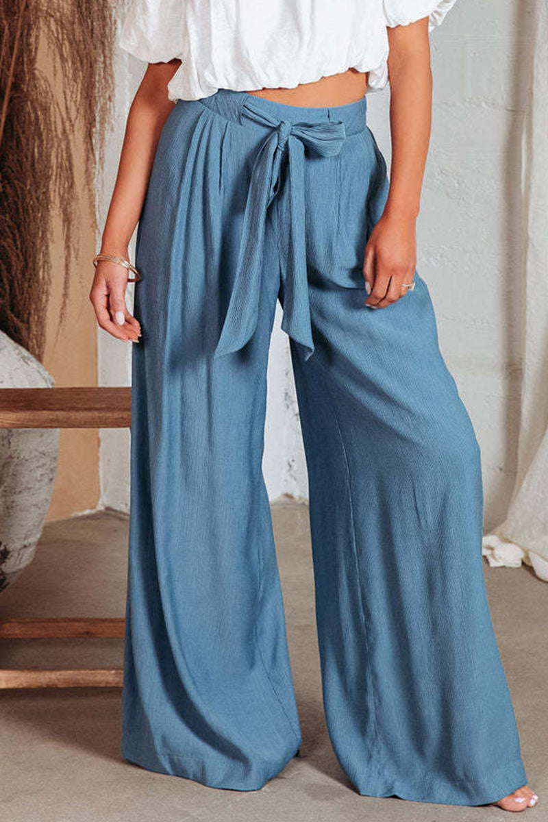 Pantalones casuales de color liso con bolsillos, frenillo, sueltos, de cintura alta y pierna ancha