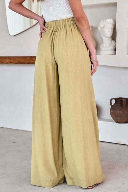 Pantalones casuales de color liso con bolsillos, frenillo, sueltos, de cintura alta y pierna ancha