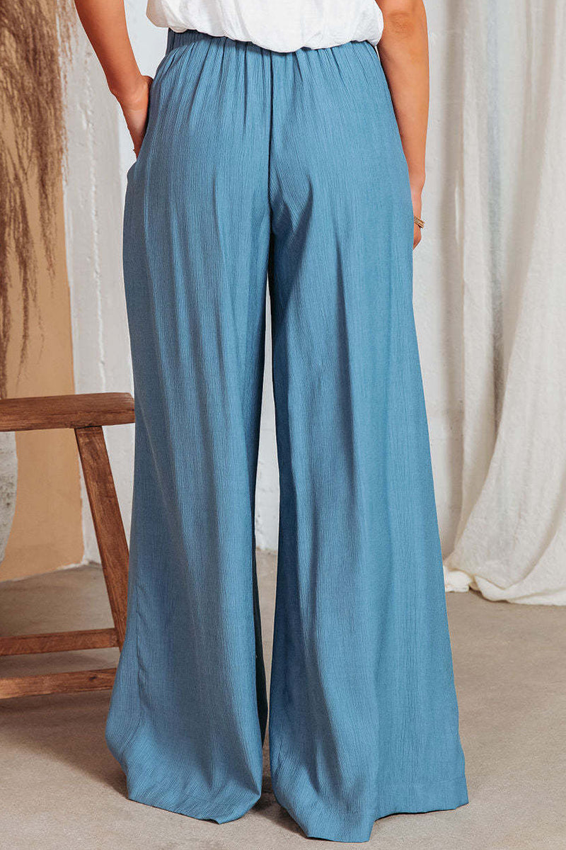 Pantalones casuales de color liso con bolsillos, frenillo, sueltos, de cintura alta y pierna ancha
