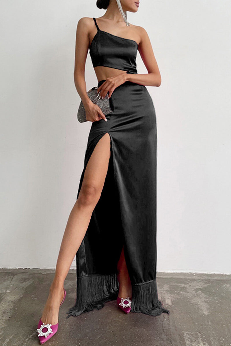 Vestido de noche asimétrico con cuello oblicuo y borlas lisas sexy para fiesta