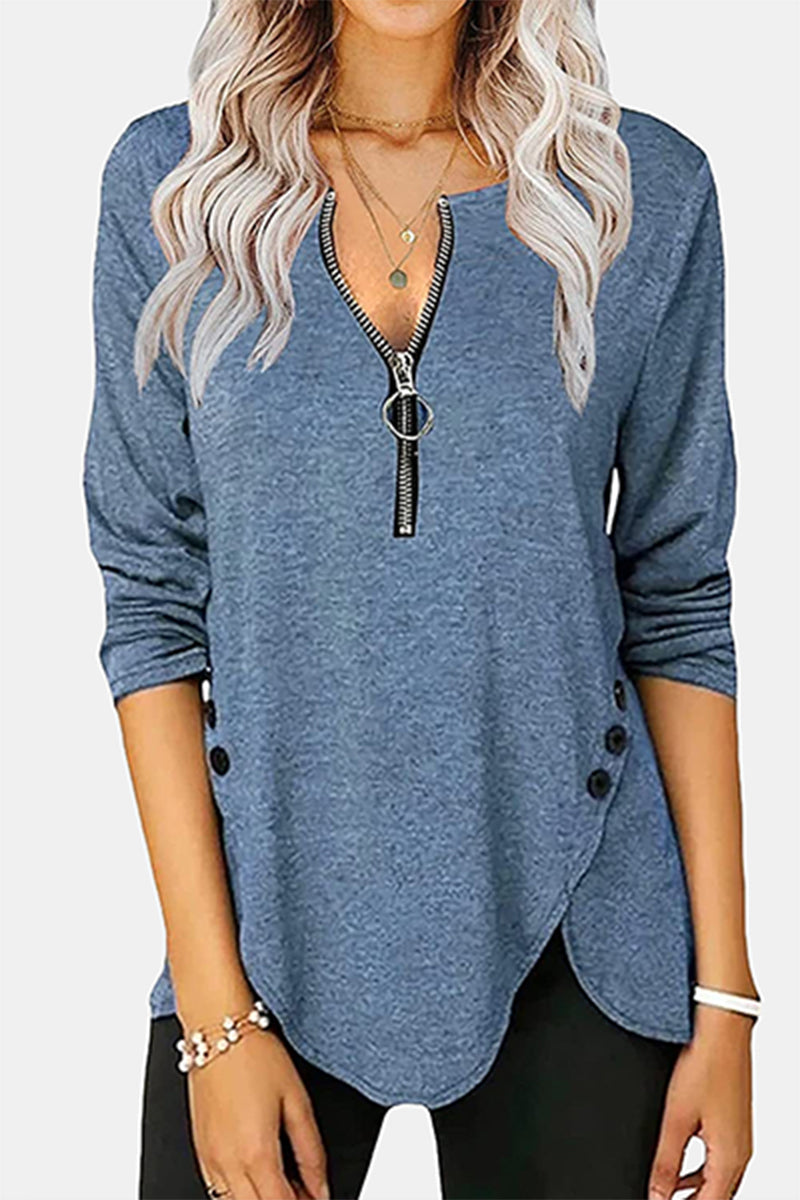 Tops casuales con cuello asimétrico y cremallera con hebilla sólida (5 colores)