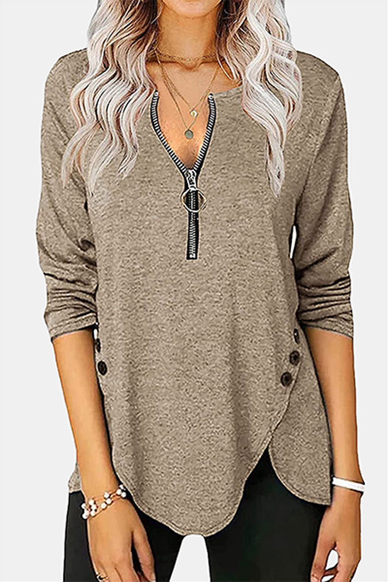 Tops casuales con cuello asimétrico y cremallera con hebilla sólida (5 colores)