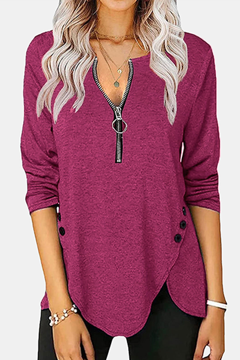 Tops casuales con cuello asimétrico y cremallera con hebilla sólida (5 colores)