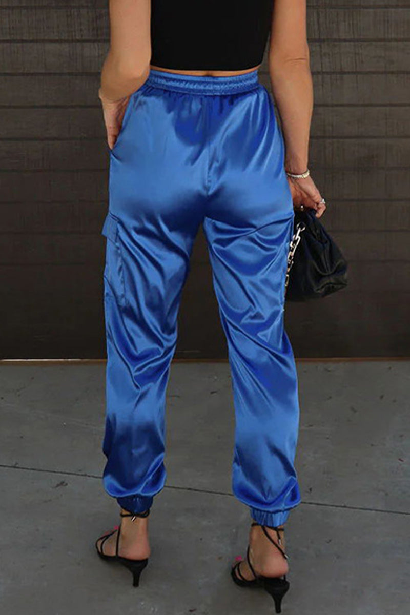 Pantalones casuales de color liso con cintura alta, rectos y con bolsillos