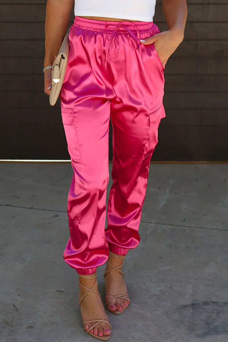 Pantalones casuales de color liso con cintura alta, rectos y con bolsillos