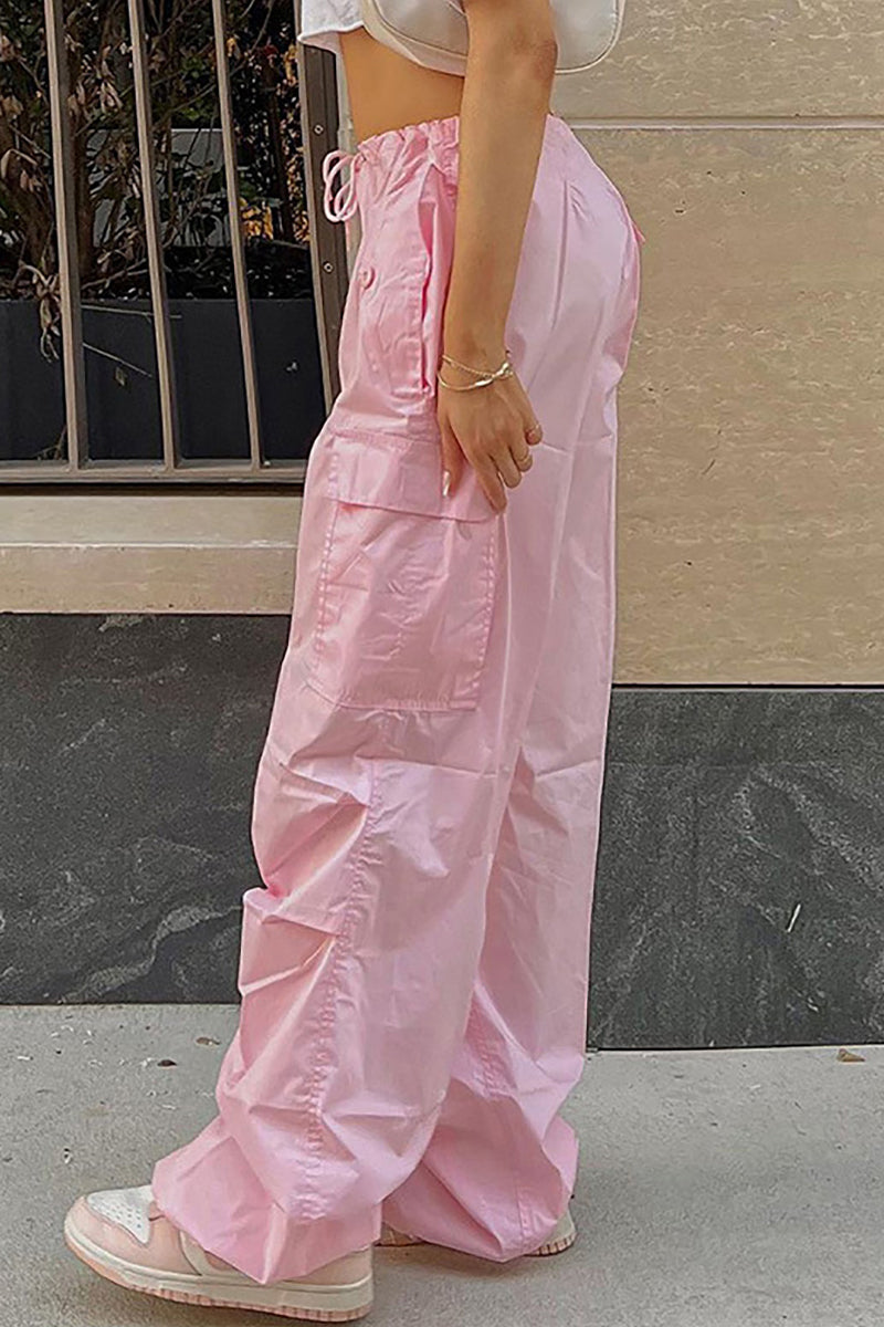 Pantalones casuales de calle con bolsillos sólidos, sueltos, de cintura alta, rectos, de color sólido