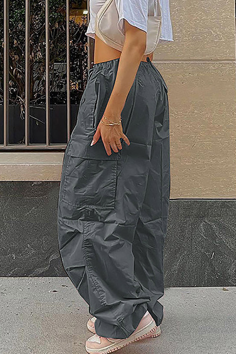 Pantalones casuales de calle con bolsillos sólidos, sueltos, de cintura alta, rectos, de color sólido