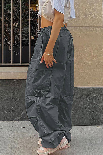 Pantalones casuales de calle con bolsillos sólidos, sueltos, de cintura alta, rectos, de color sólido