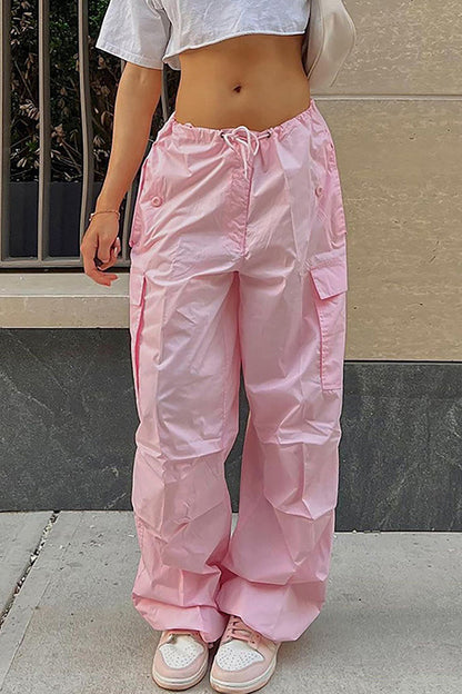 Pantalones casuales de calle con bolsillos sólidos, sueltos, de cintura alta, rectos, de color sólido
