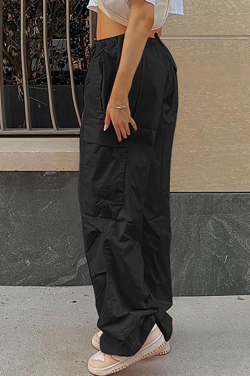 Pantalones casuales de calle con bolsillos sólidos, sueltos, de cintura alta, rectos, de color sólido