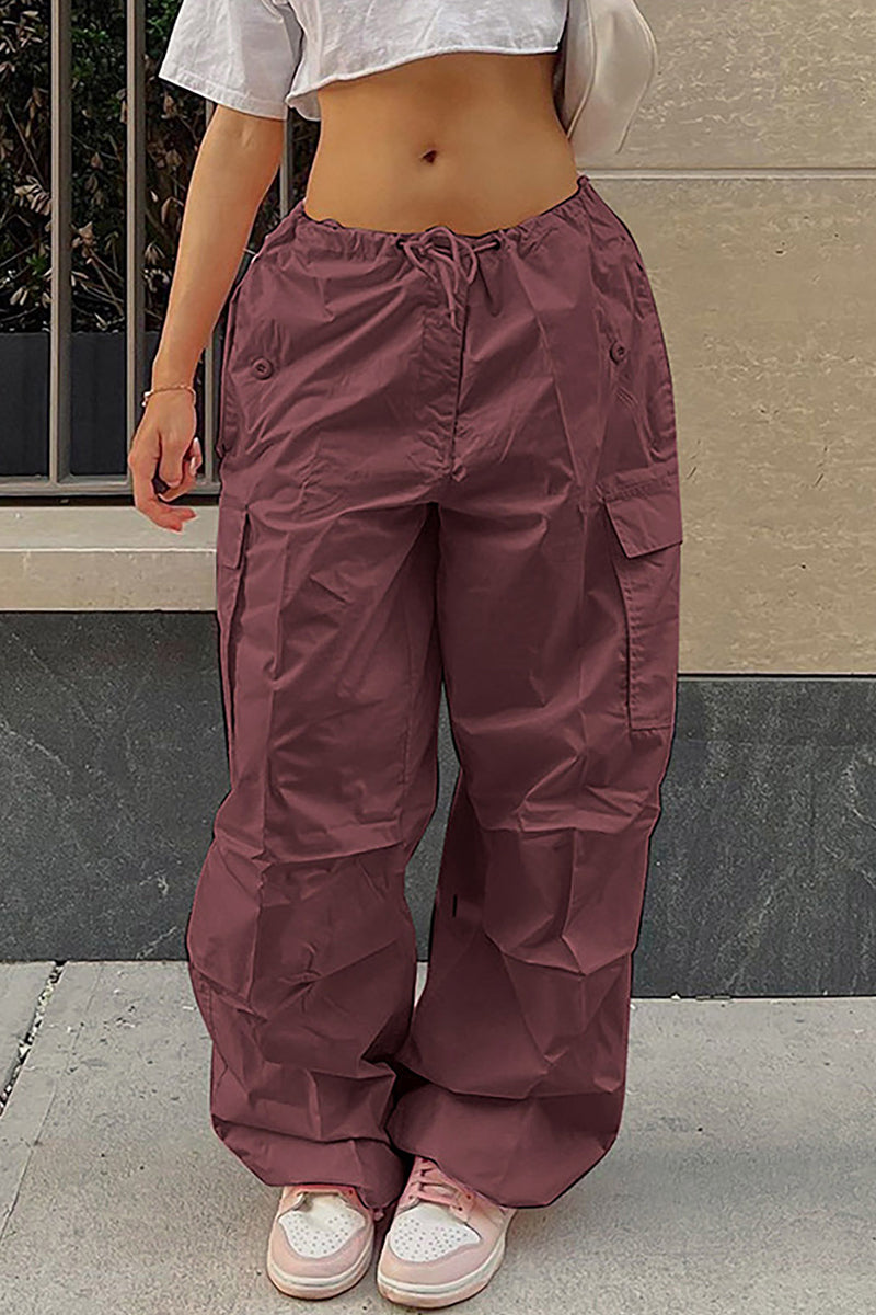 Pantalones casuales de calle con bolsillos sólidos, sueltos, de cintura alta, rectos, de color sólido