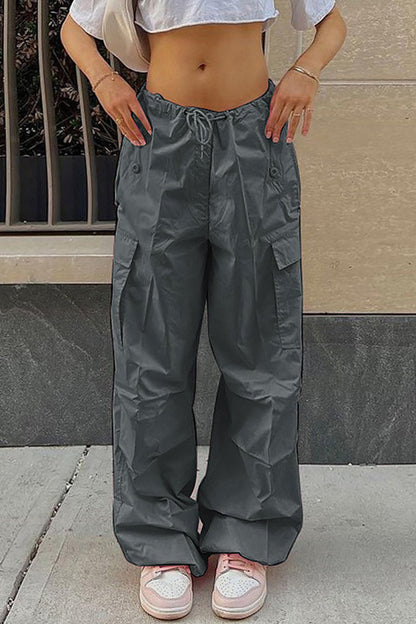 Pantalones casuales de calle con bolsillos sólidos, sueltos, de cintura alta, rectos, de color sólido