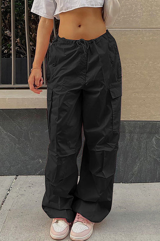 Pantalones casuales de calle con bolsillos sólidos, sueltos, de cintura alta, rectos, de color sólido
