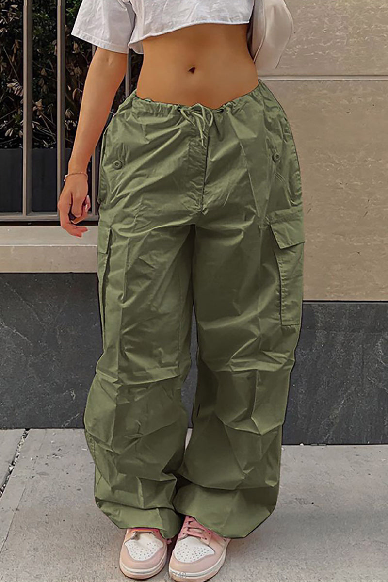 Pantalones casuales de calle con bolsillos sólidos, sueltos, de cintura alta, rectos, de color sólido