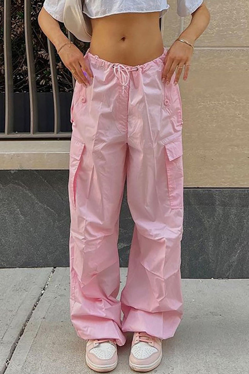 Pantalones casuales de calle con bolsillos sólidos, sueltos, de cintura alta, rectos, de color sólido