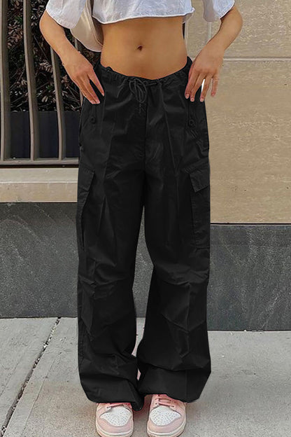 Pantalones casuales de calle con bolsillos sólidos, sueltos, de cintura alta, rectos, de color sólido