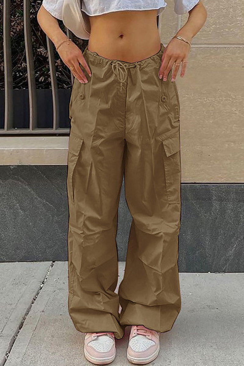 Pantalones casuales de calle con bolsillos sólidos, sueltos, de cintura alta, rectos, de color sólido