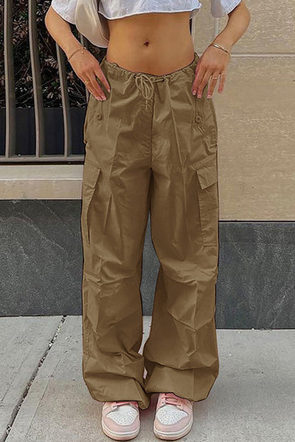 Pantalones casuales de calle con bolsillos sólidos, sueltos, de cintura alta, rectos, de color sólido