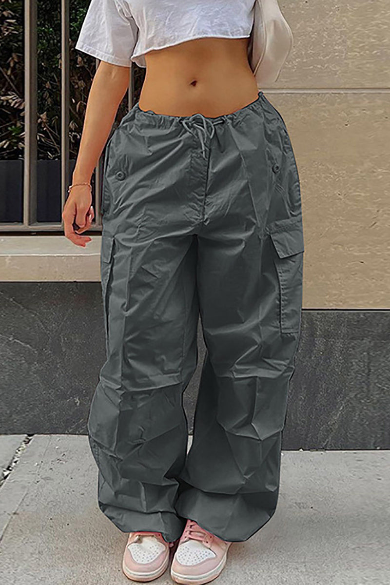 Pantalones casuales de calle con bolsillos sólidos, sueltos, de cintura alta, rectos, de color sólido