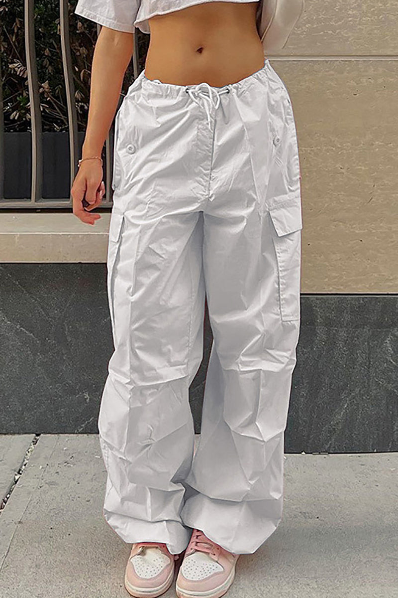 Pantalones casuales de calle con bolsillos sólidos, sueltos, de cintura alta, rectos, de color sólido