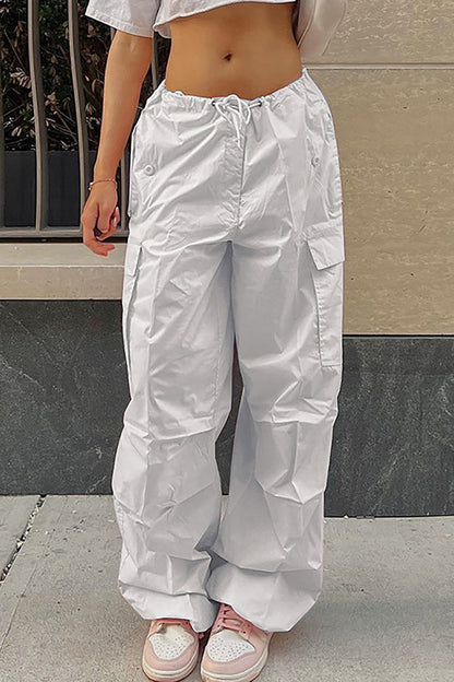 Pantalones casuales de calle con bolsillos sólidos, sueltos, de cintura alta, rectos, de color sólido
