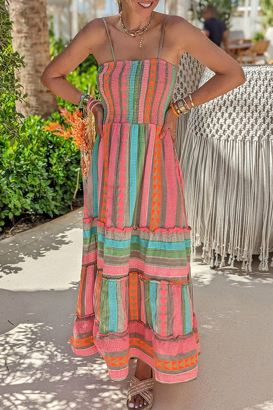 Vestido informal de vacaciones con cuello cuadrado, volantes y bloques de color