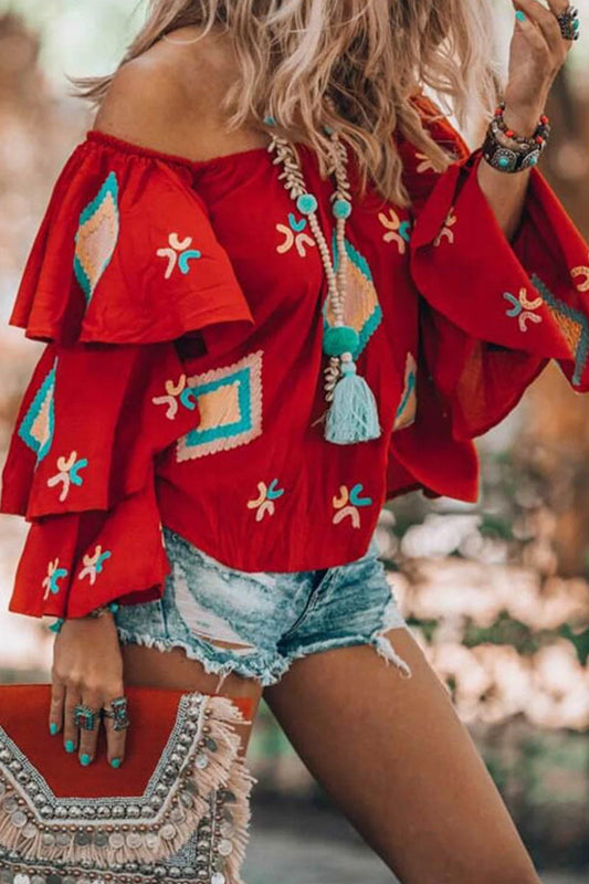 Blusas con hombros descubiertos y diseño geométrico de patchwork estilo bohemio universitario