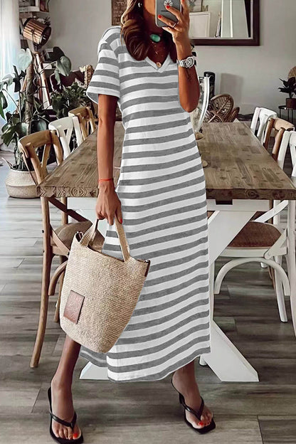 Vestido informal de rayas con cuello en V y manga corta