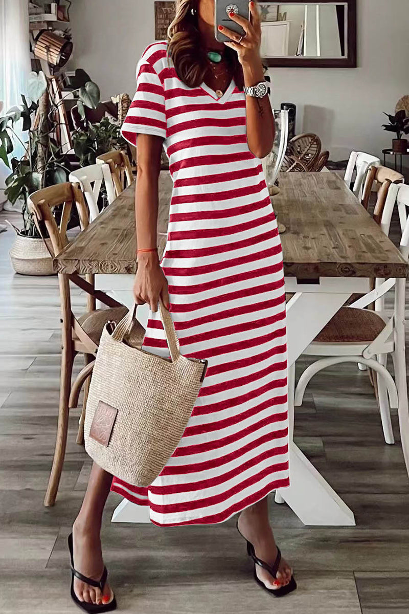 Vestido informal de rayas con cuello en V y manga corta
