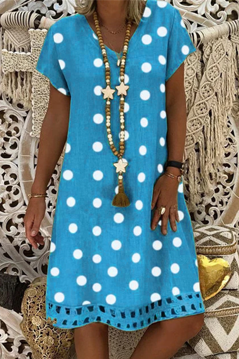 Women V-Neck Short Sleeve Hollow Polka Dot Summer Dress(10 Colors)